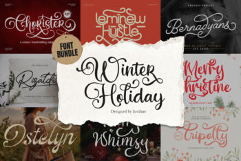 Winter Holiday Font Bundle featuring elegant script fonts with multilingual support, perfect for Christmas designs.