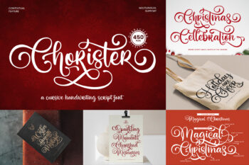 Chorister Handwriting Font – Cursive script for festive designs with multilingual support.