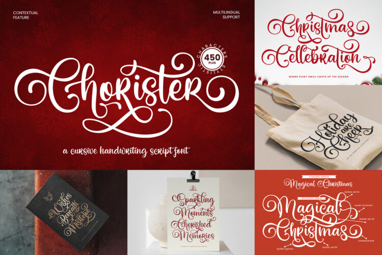 Chorister Handwriting Font – Cursive script for festive designs with multilingual support.