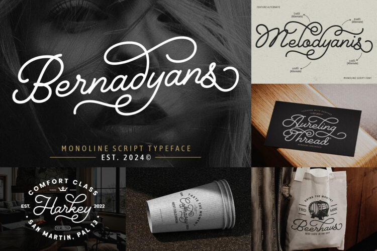 Bernadyans Font – Monoline script with alternates and ligatures for elegant designs.