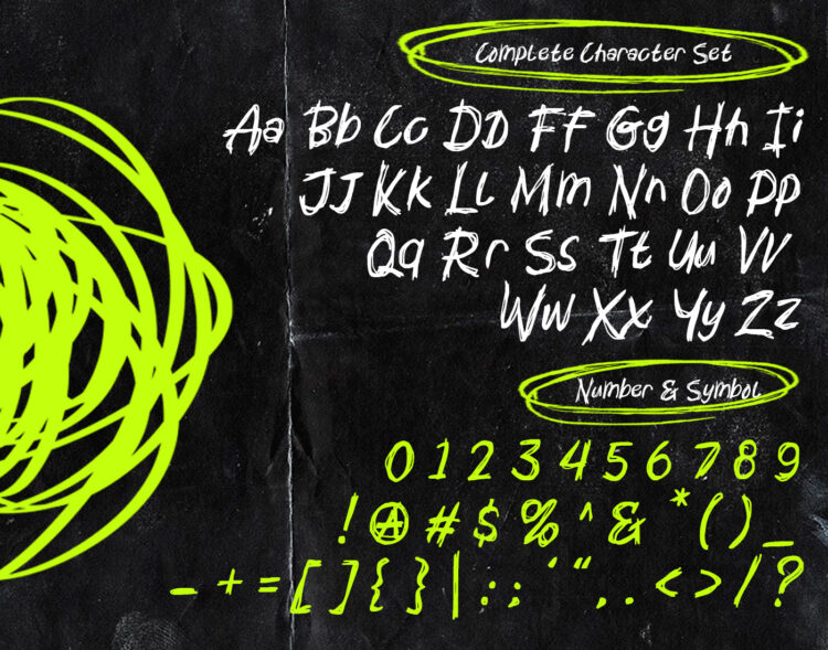 Mental Sickness handwritten graffiti font complete character set including uppercase lowercase numbers and symbols