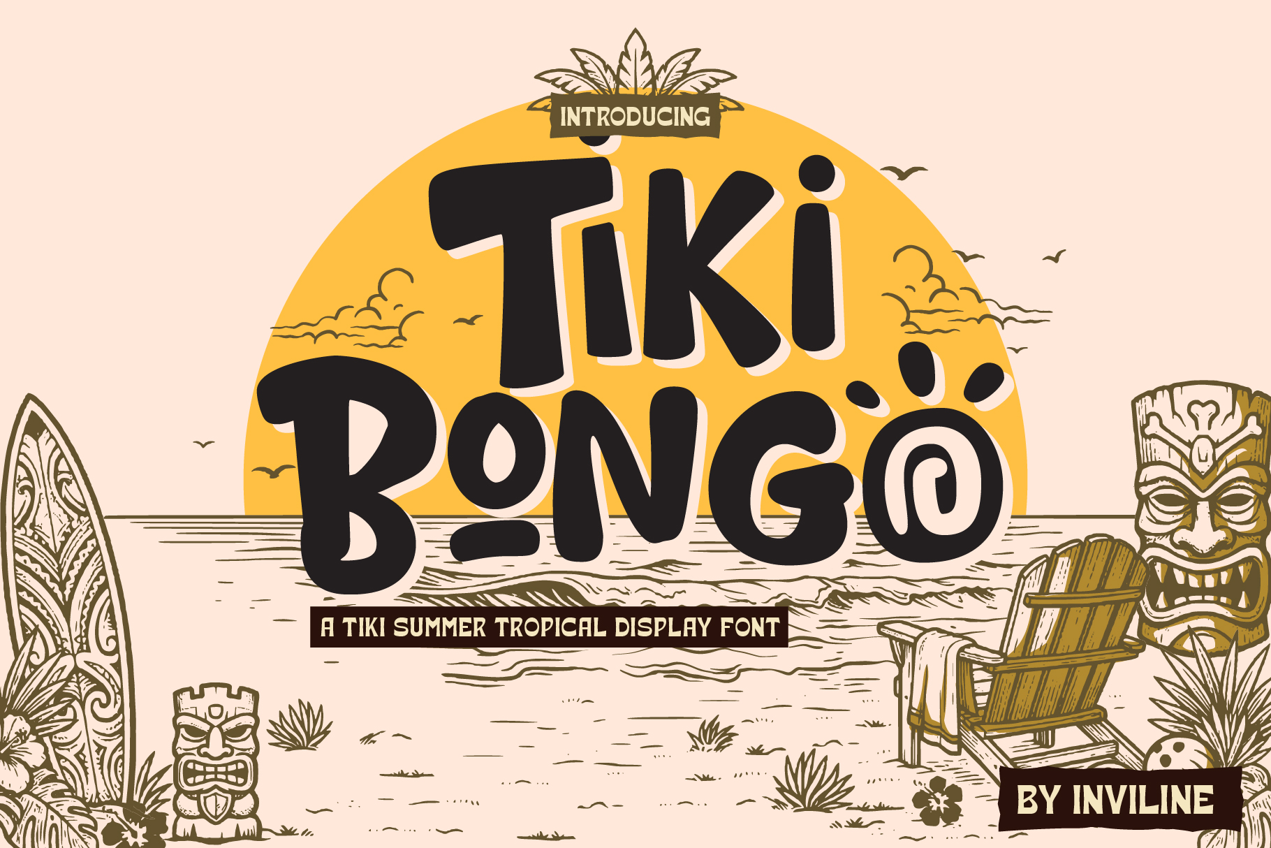 Tiki Bongo tropical display font preview with bold playful lettering and colorful island-inspired typography