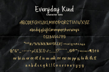 Full character map of Everyday Kind font featuring 270+ glyphs and ligatures