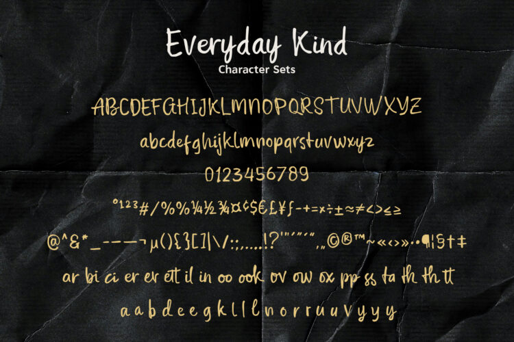 Full character map of Everyday Kind font featuring 270+ glyphs and ligatures